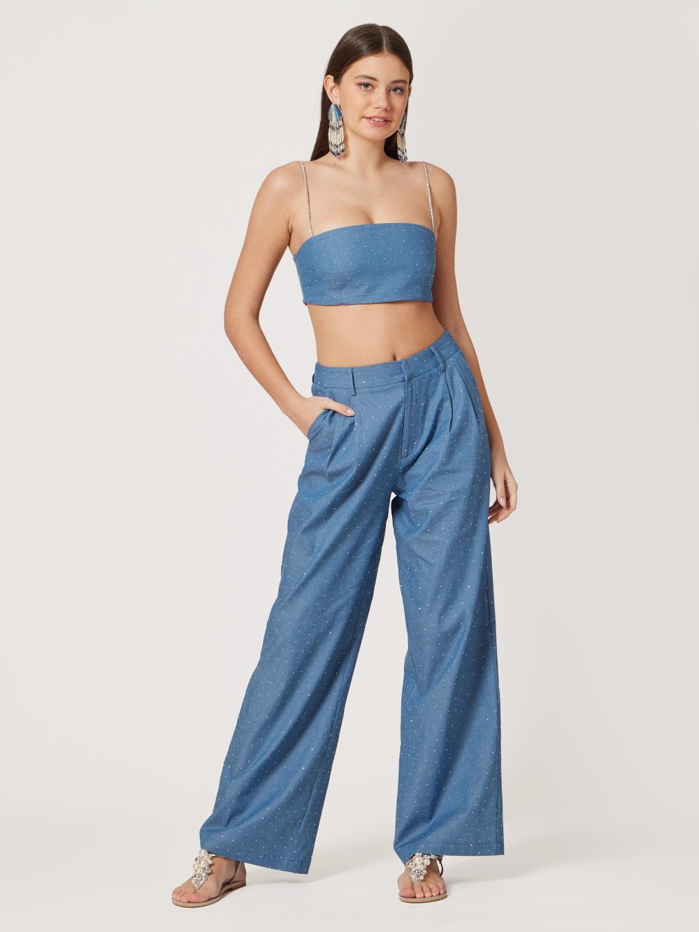 Blue Righnestone Embellished Pants