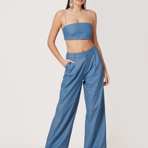 Blue Righnestone Embellished Pants