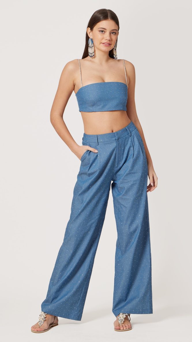 Blue Righnestone Embellished Pants