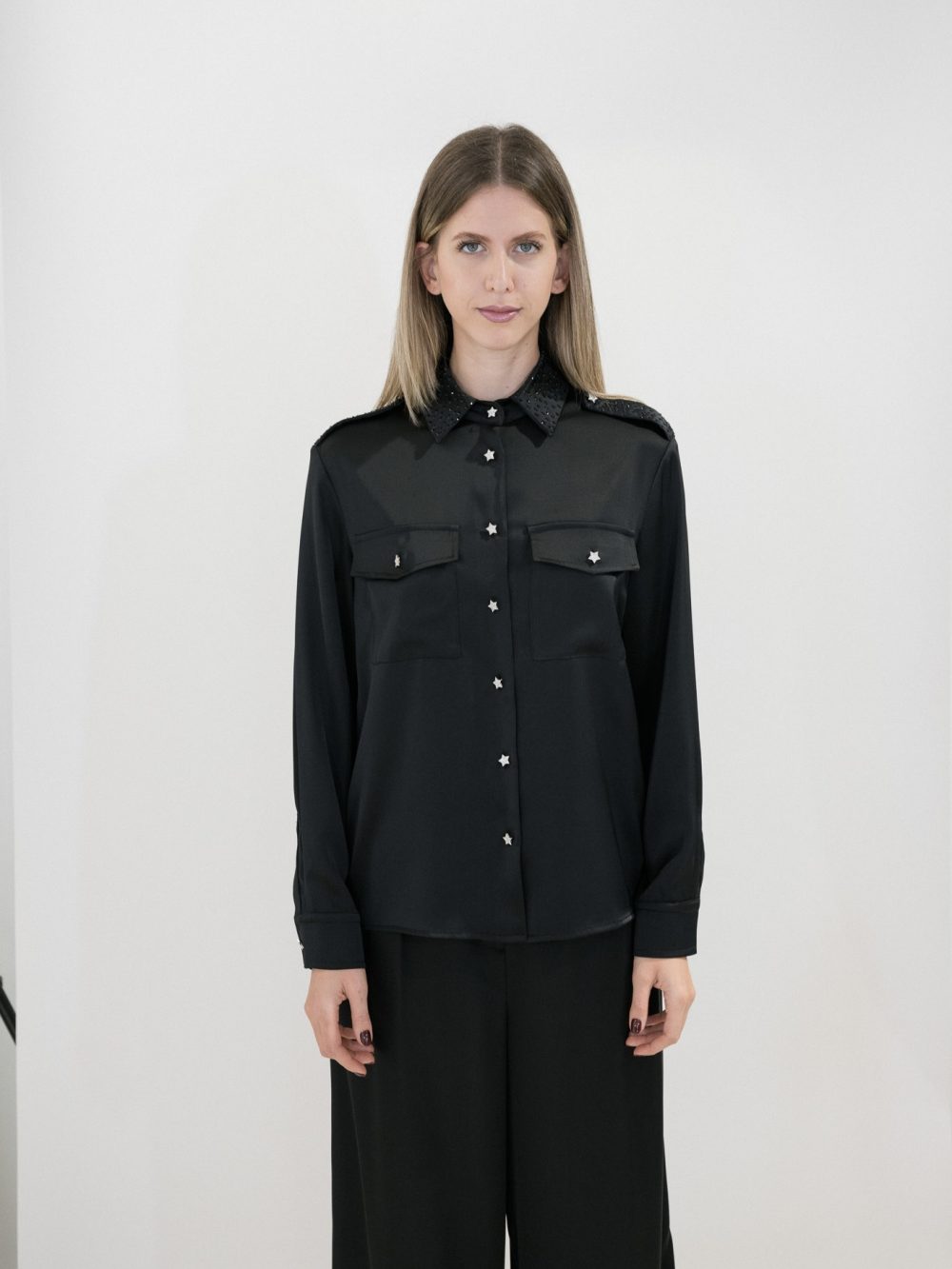 Black Shirt Rhinestone Embellished