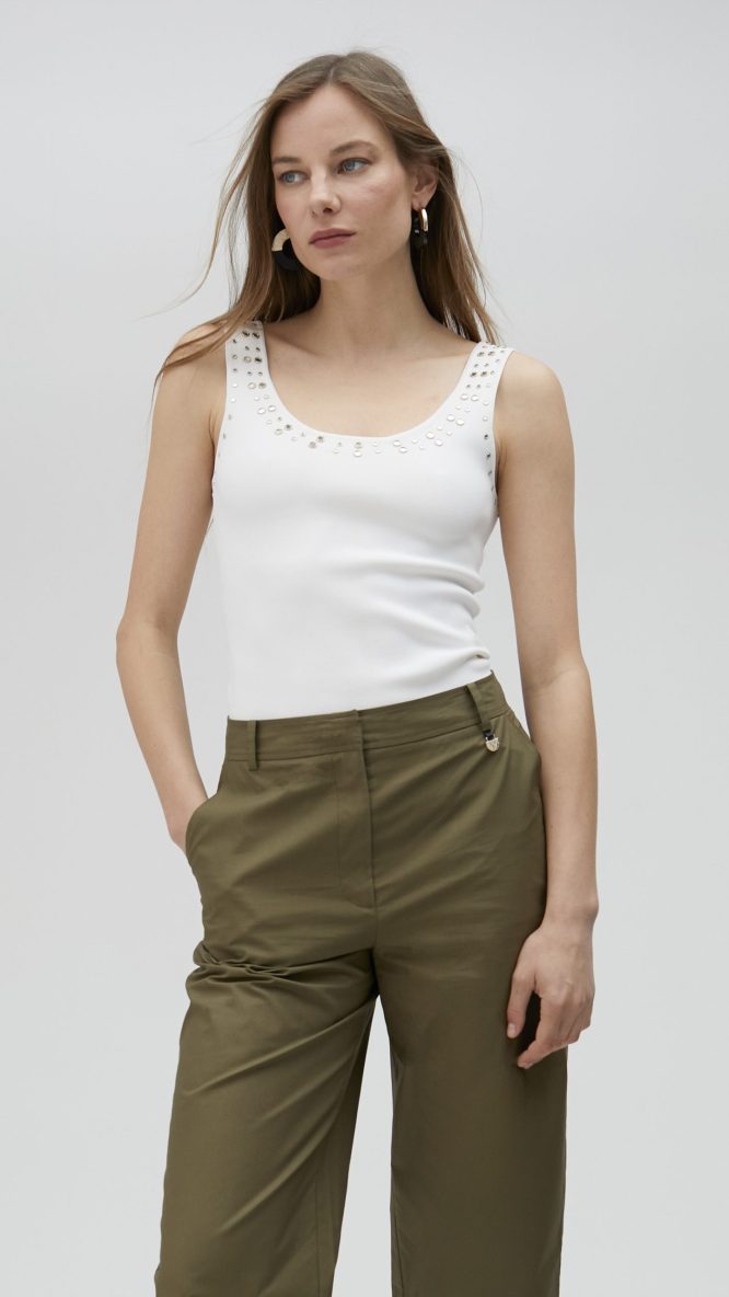 White Knit Top with Rhinestones