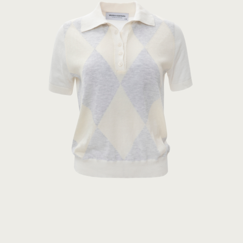 Ecru Polo Knitted T-Shirt with Rhombus Pattern