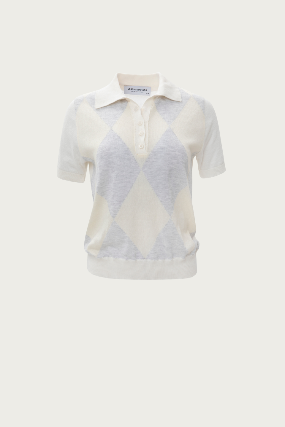 Ecru Polo Knitted T-Shirt with Rhombus Pattern