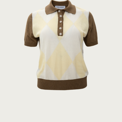 Olive Polo Knitted T-Shirt w/ Rhombus Pattern