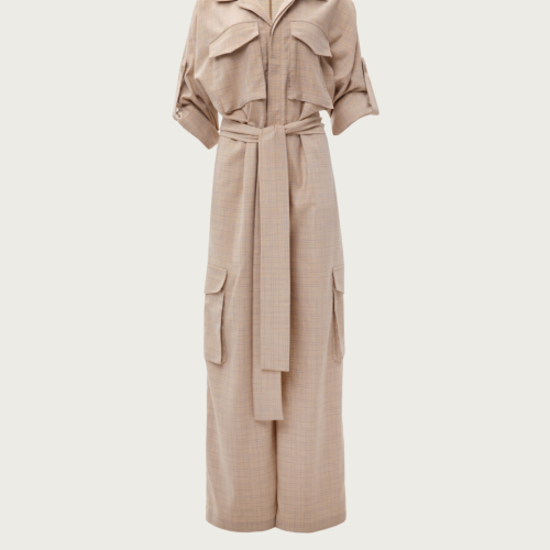 Beige Chequered Jumpsuit