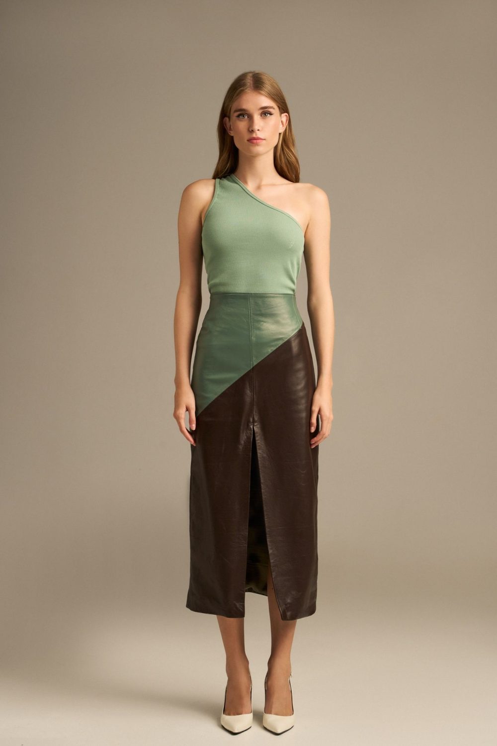 Leather Midi Skirt Pistachio/Brown