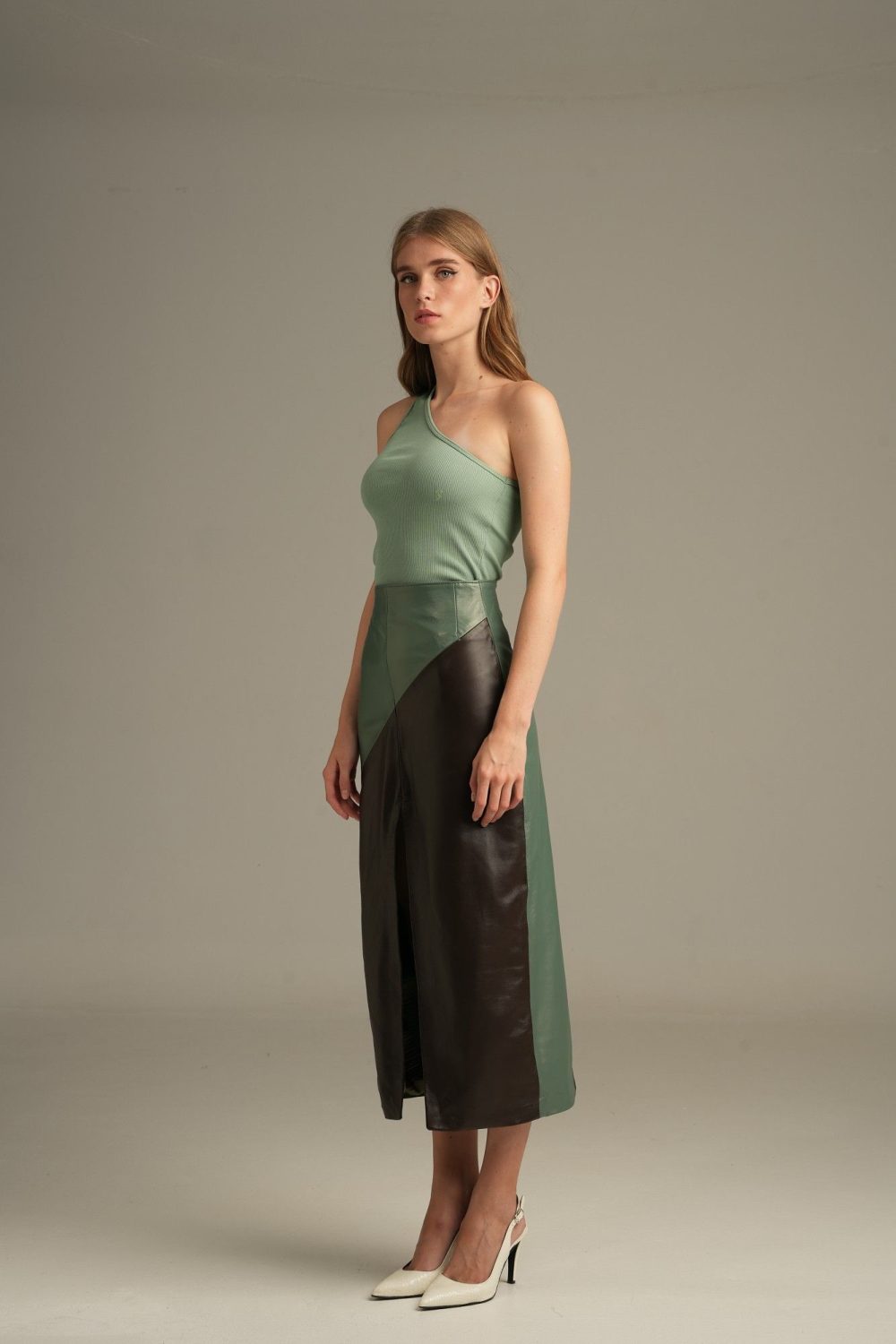 Leather Midi Skirt Pistachio/Brown