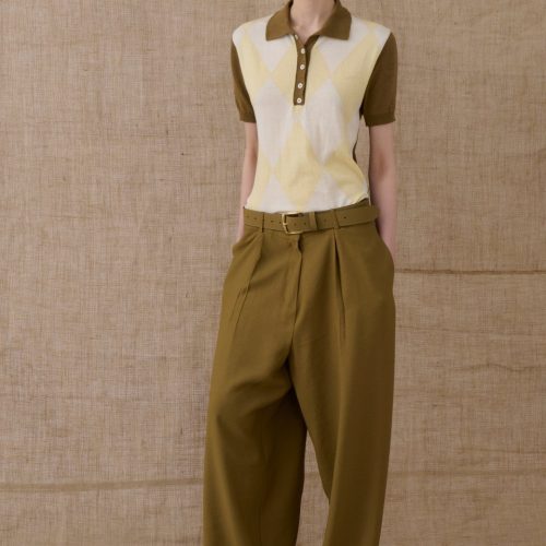 Olive Polo Knitted T-Shirt w/ Rhombus Pattern