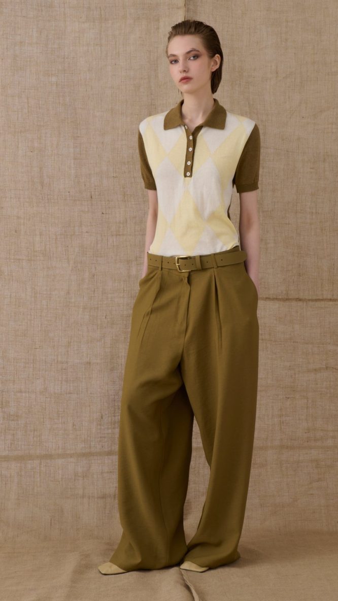 Olive Polo Knitted T-Shirt w/ Rhombus Pattern