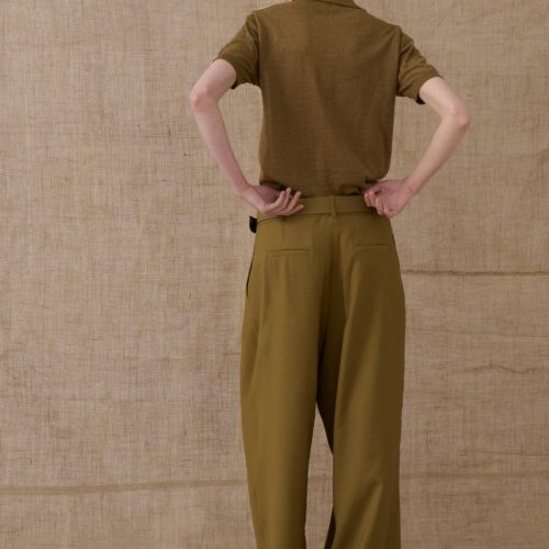 Olive Polo Knitted T-Shirt w/ Rhombus Pattern