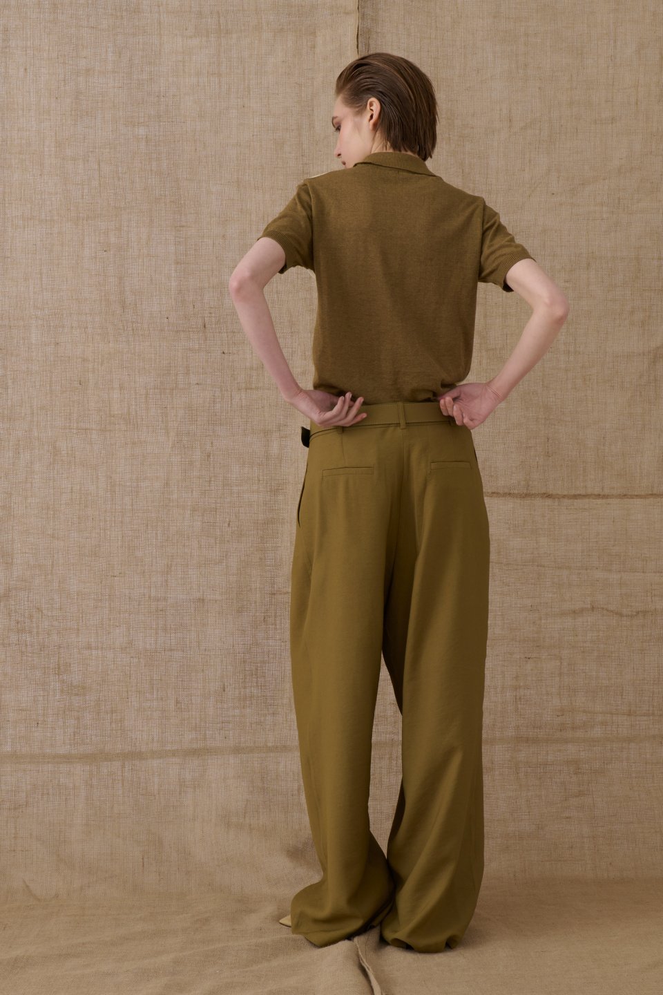 Olive Polo Knitted T-Shirt w/ Rhombus Pattern