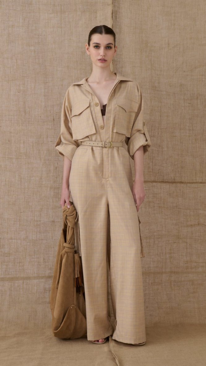 Beige Chequered Jumpsuit