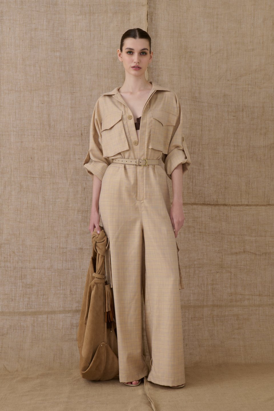 Beige Chequered Jumpsuit