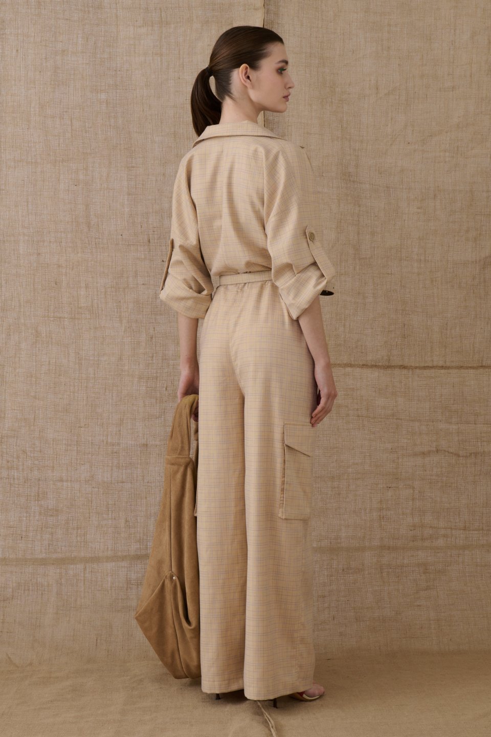 Beige Chequered Jumpsuit