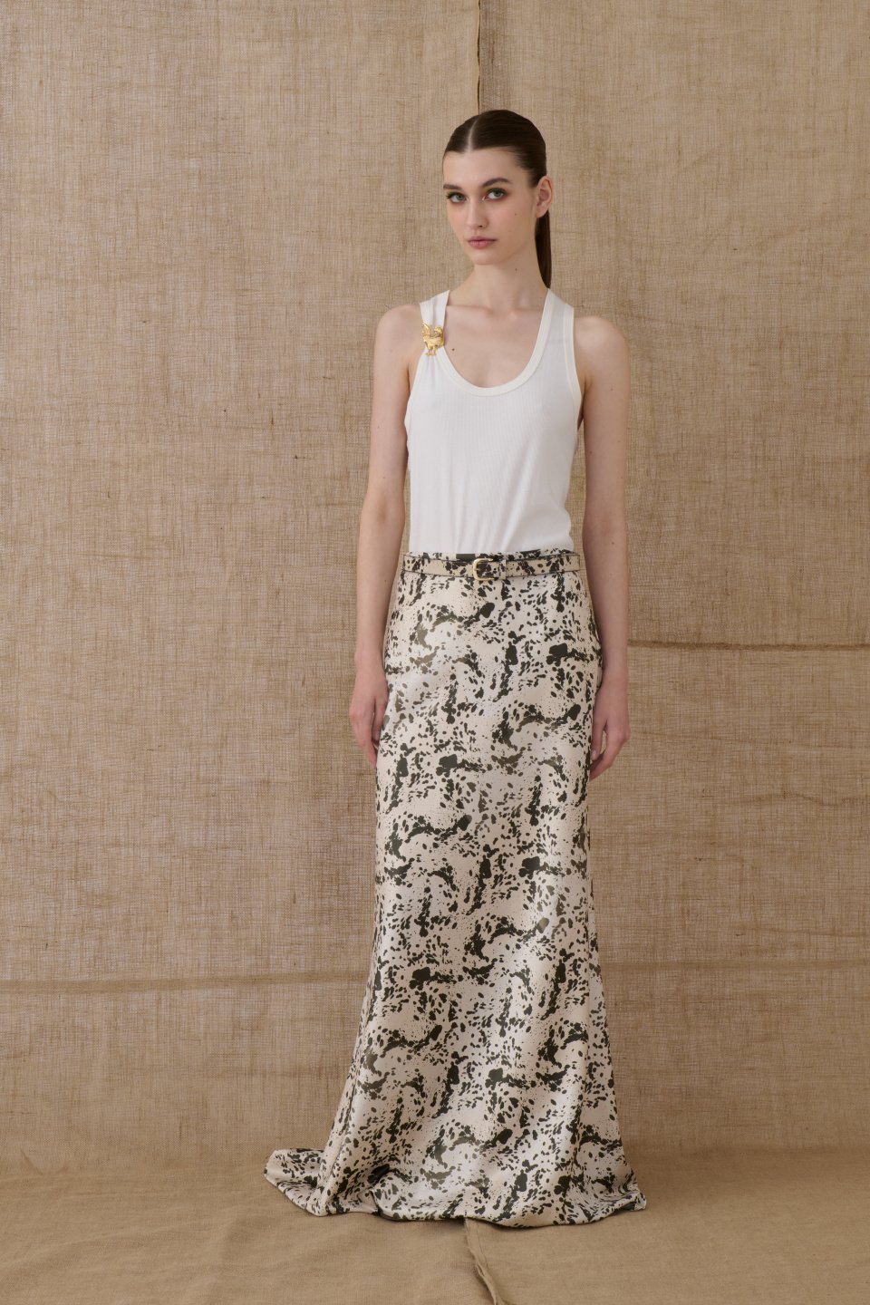 Satin Long Skirt with Animal Print