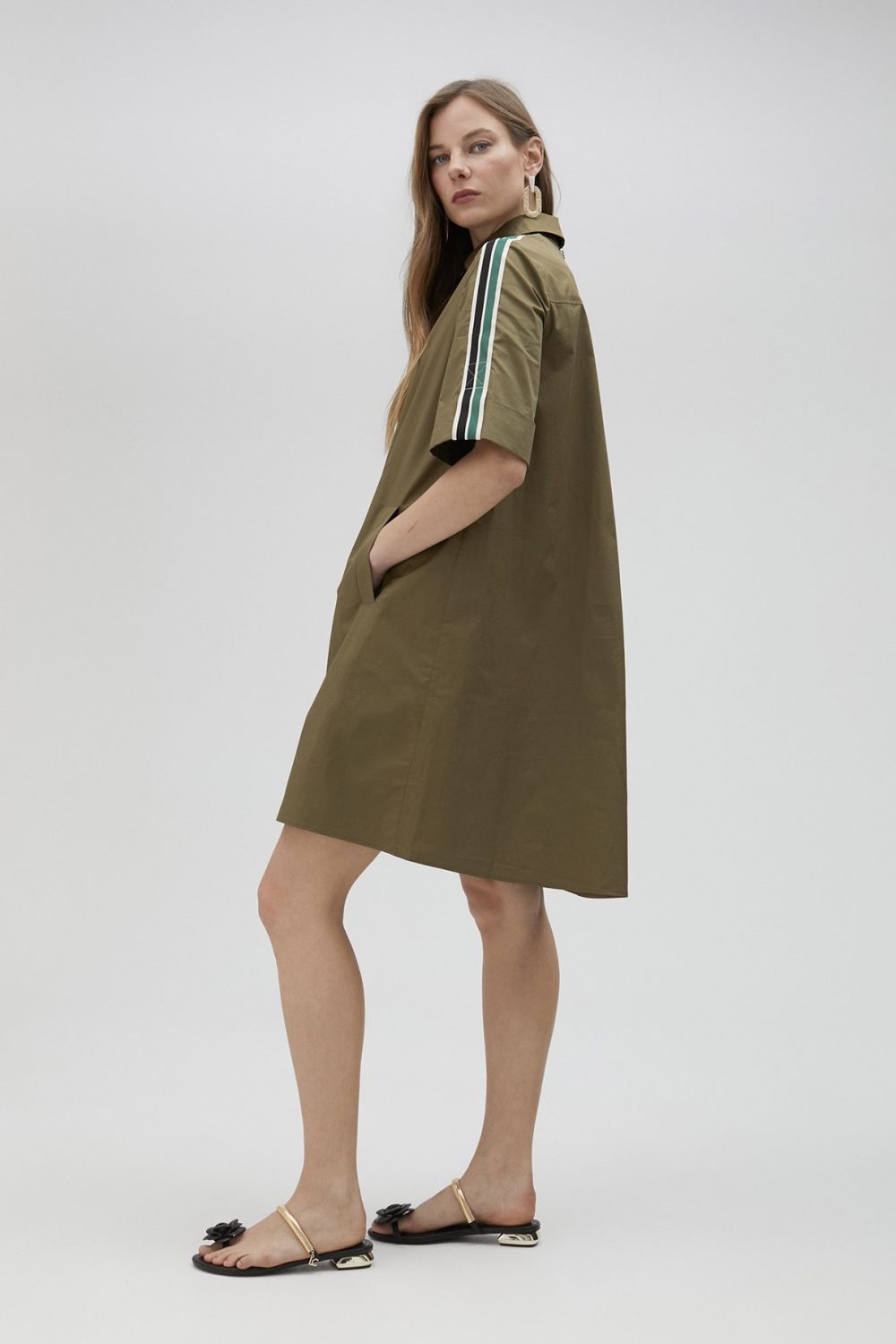 Poplin Khaki Mini Shirt Dress