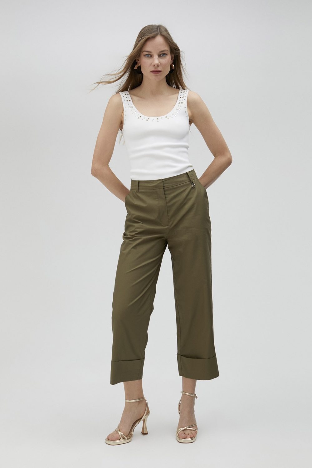 Poplin Khaki Trousers with Turn-ups