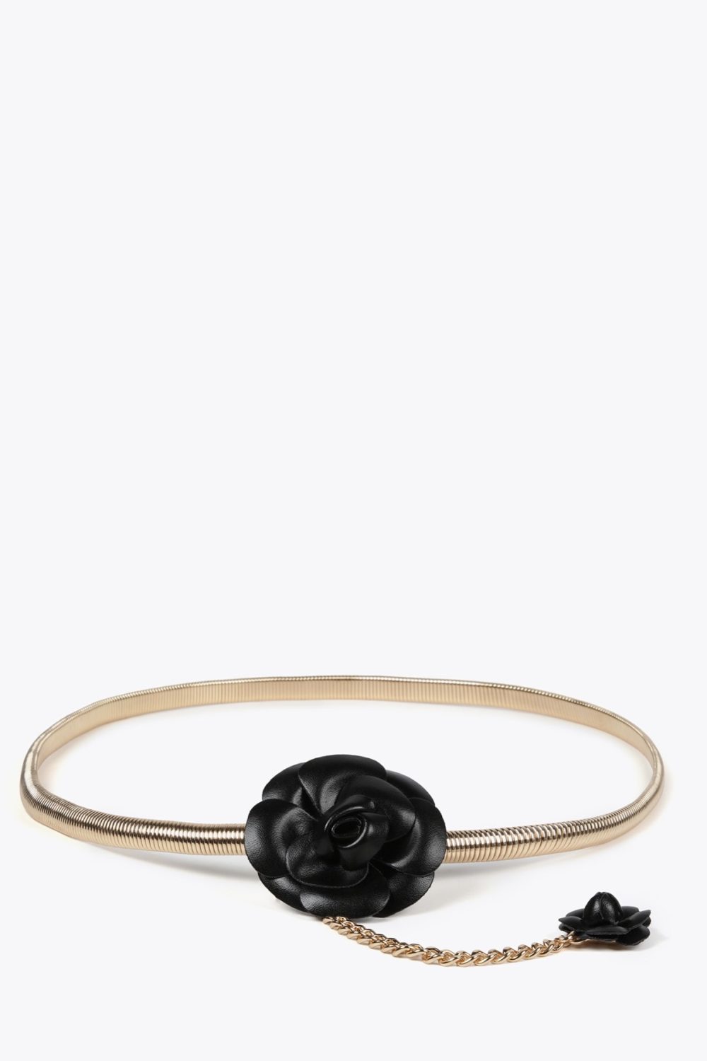 Stretch Metal Belt with Faux Leather Black Flowers