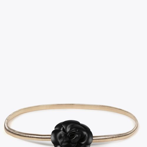 Stretch Metal Belt with Faux Leather Black Flowers