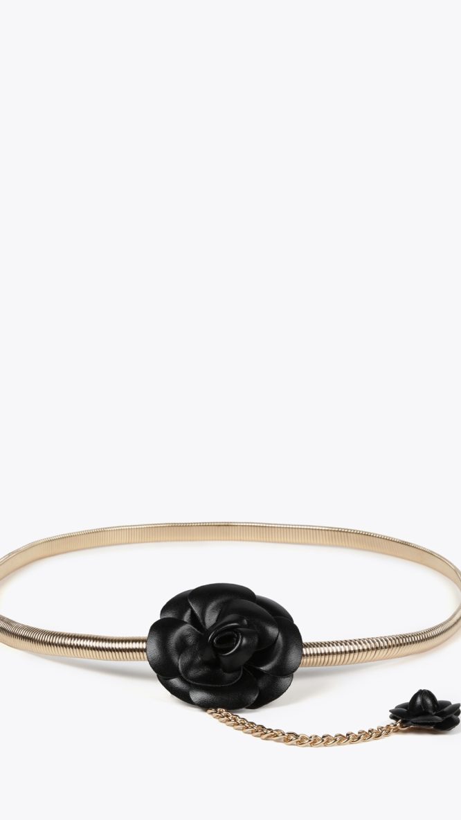 Stretch Metal Belt with Faux Leather Black Flowers