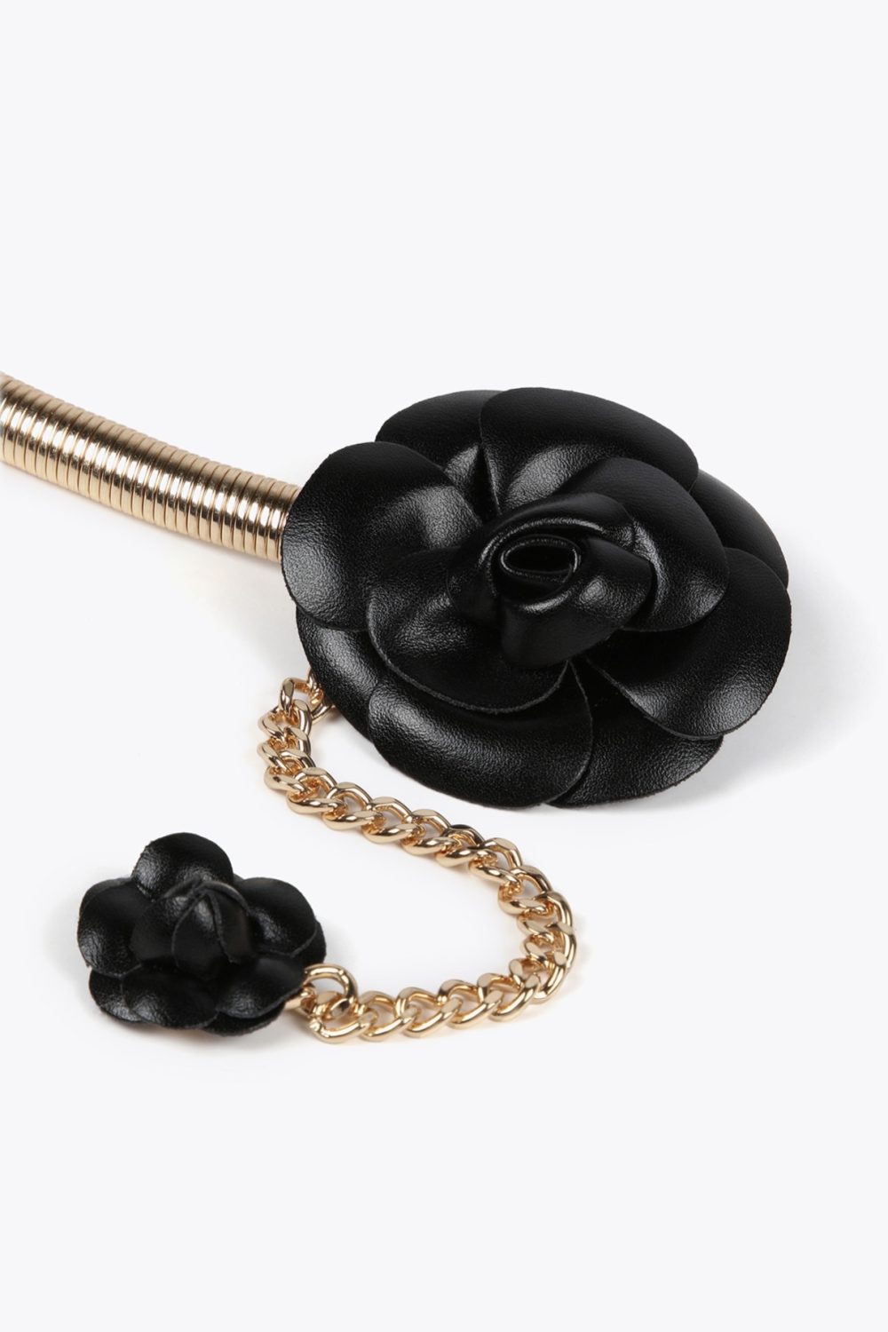 Stretch Metal Belt with Faux Leather Black Flowers