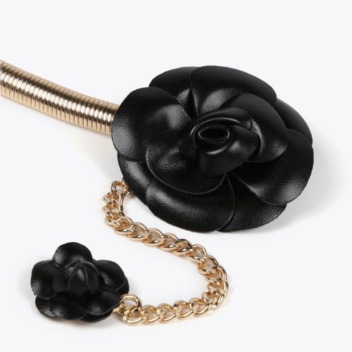 Stretch Metal Belt with Faux Leather Black Flowers