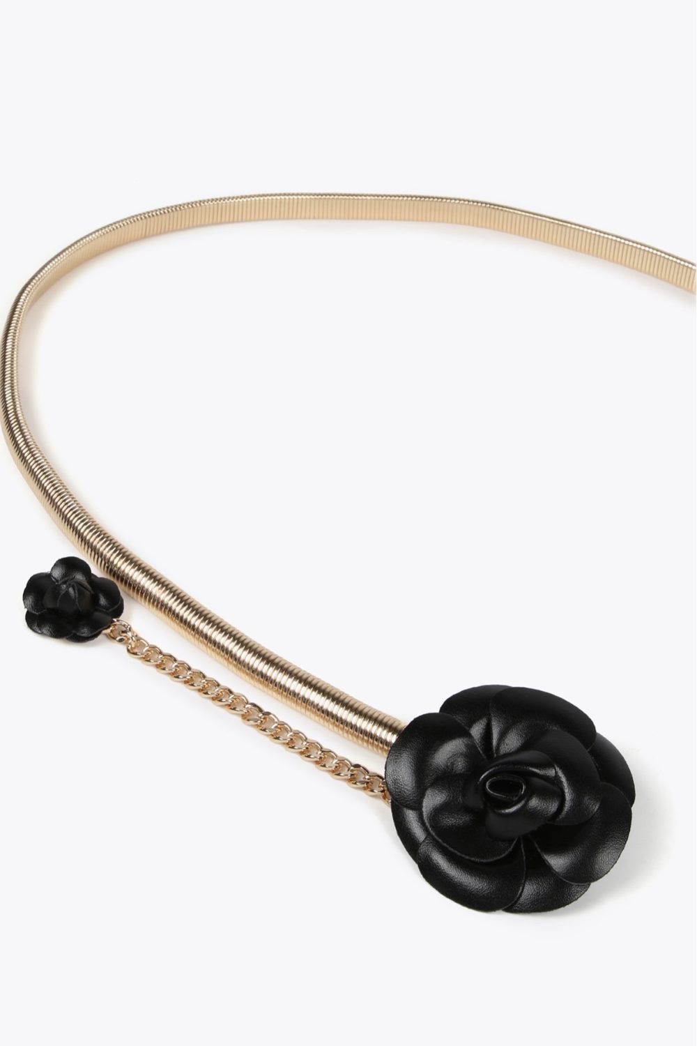 Stretch Metal Belt with Faux Leather Black Flowers