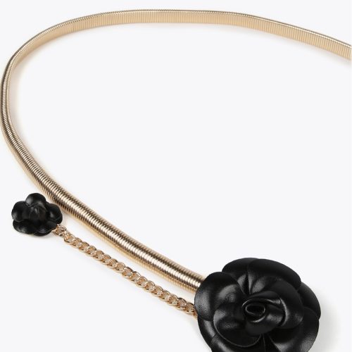 Stretch Metal Belt with Faux Leather Black Flowers