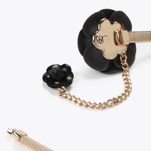 Stretch Metal Belt with Faux Leather Black Flowers