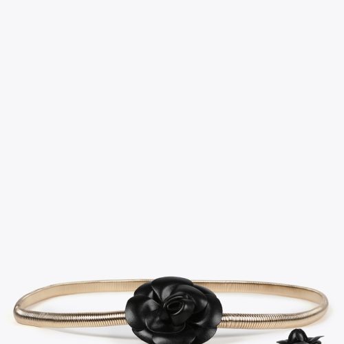 Stretch Metal Belt with Faux Leather Black Flowers