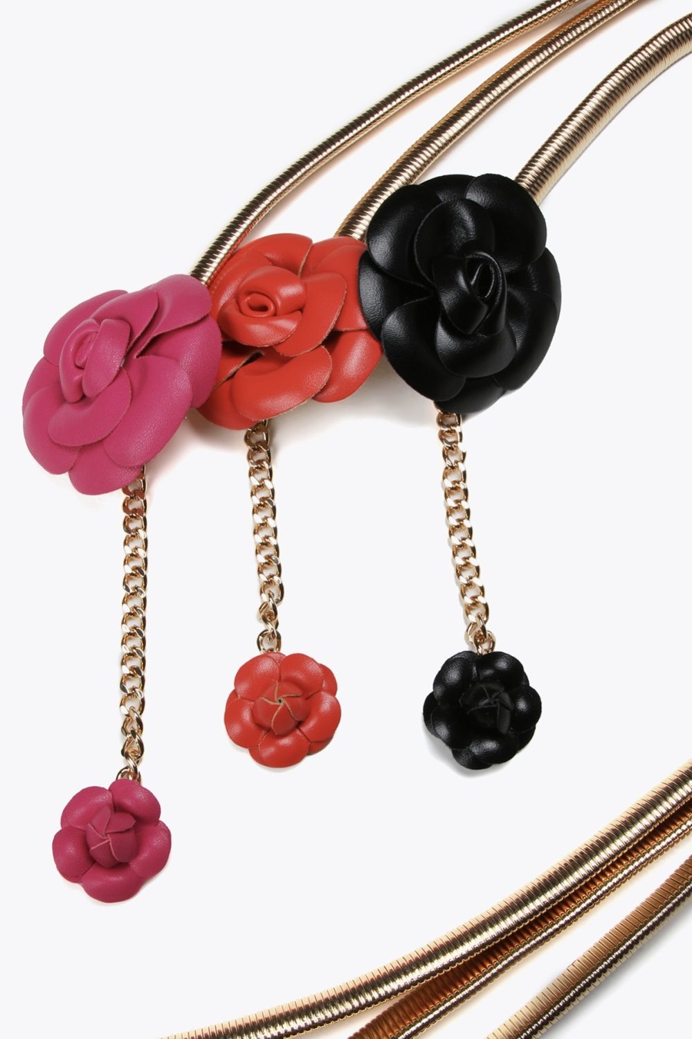 Stretch Metal Belt with Faux Leather Black Flowers