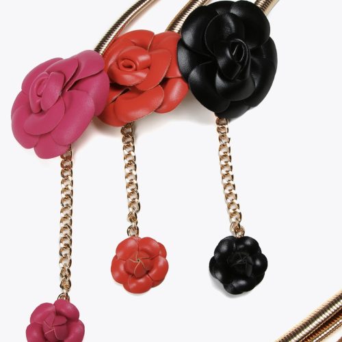 Stretch Metal Belt with Faux Leather Black Flowers