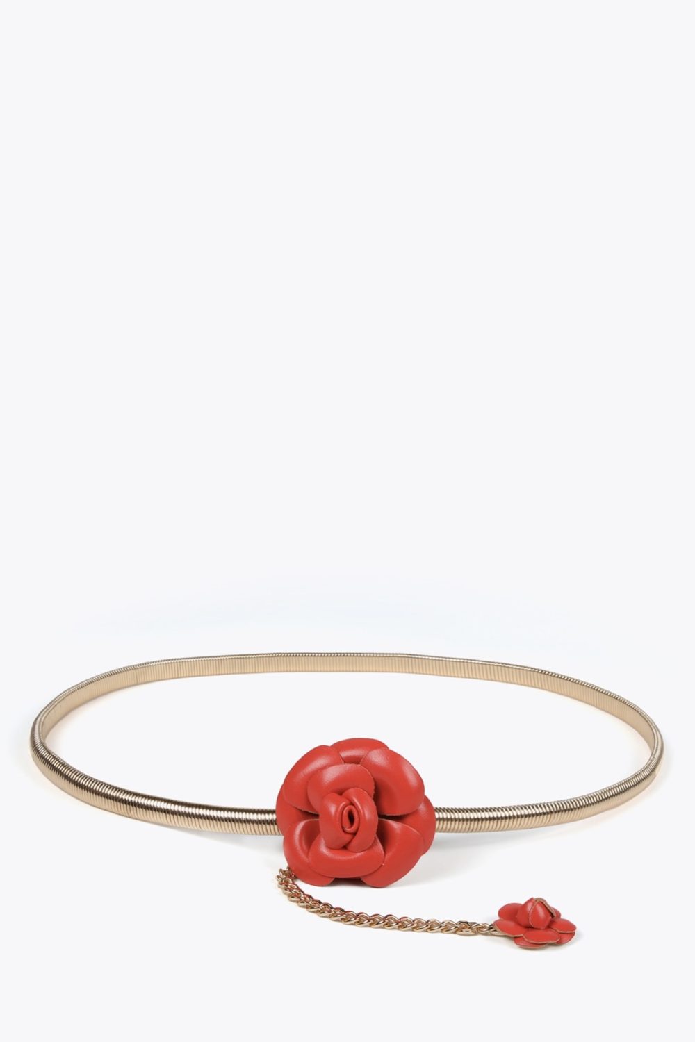 Stretch Metal Belt with Faux Leather Red Flowers