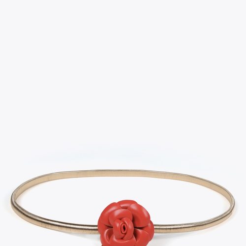 Stretch Metal Belt with Faux Leather Red Flowers
