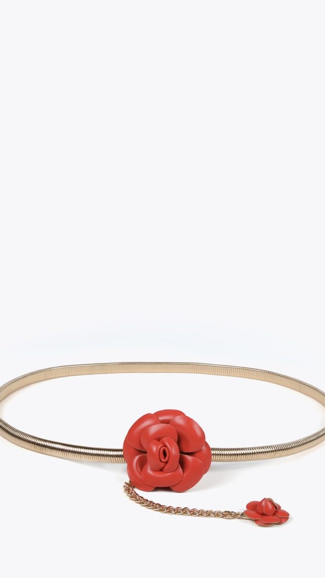 Stretch Metal Belt with Faux Leather Red Flowers