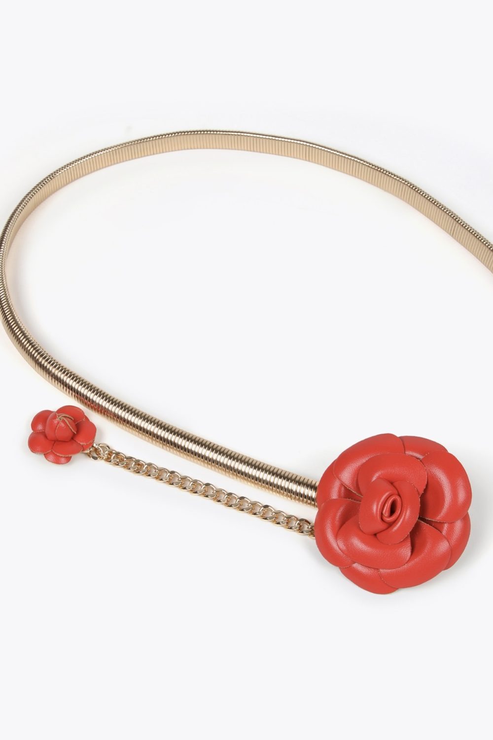 Stretch Metal Belt with Faux Leather Red Flowers