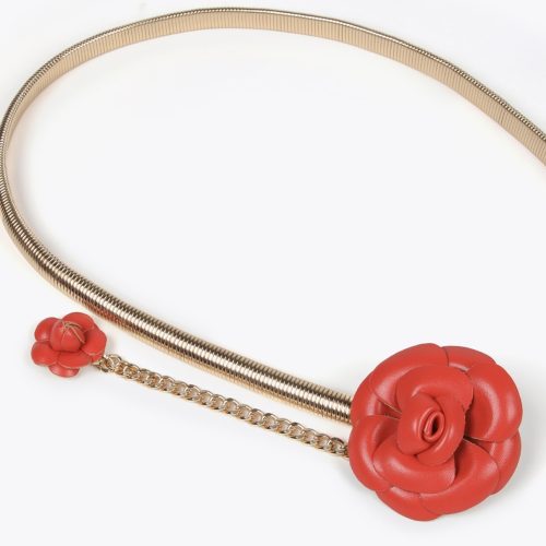 Stretch Metal Belt with Faux Leather Red Flowers