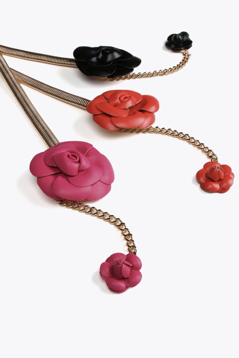 Stretch Metal Belt with Faux Leather Red Flowers