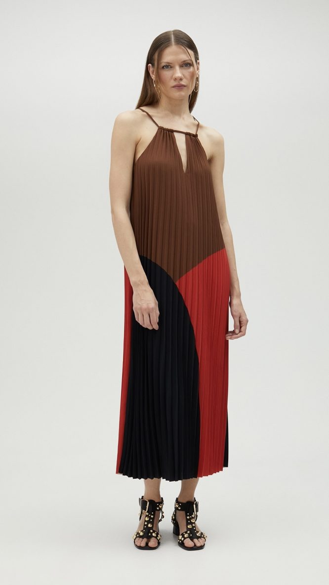 Three-Tone Red Pleated Halter Dress