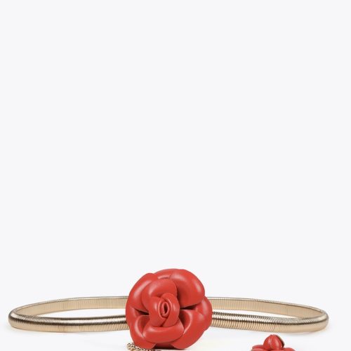 Stretch Metal Belt with Faux Leather Red Flowers