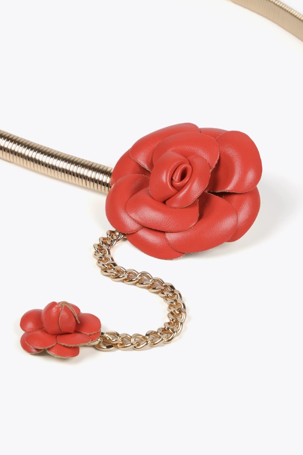 Stretch Metal Belt with Faux Leather Red Flowers