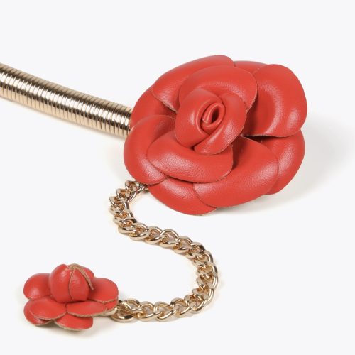 Stretch Metal Belt with Faux Leather Red Flowers