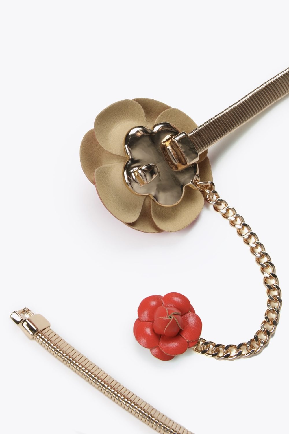 Stretch Metal Belt with Faux Leather Red Flowers