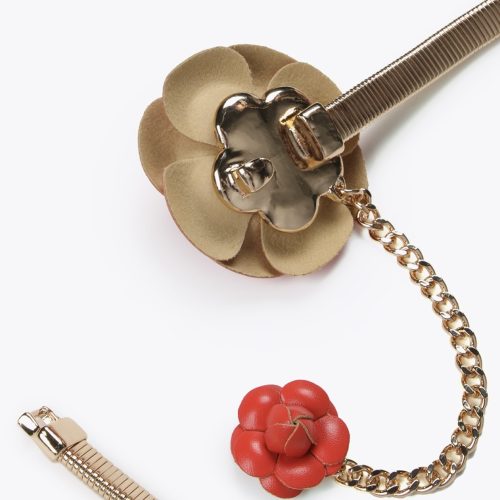 Stretch Metal Belt with Faux Leather Red Flowers