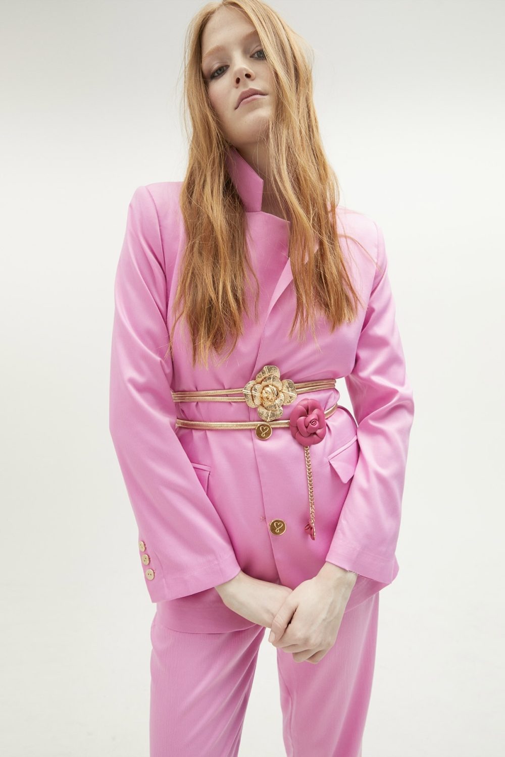 Stretch Metal Belt with Faux Leather Pink Flowers