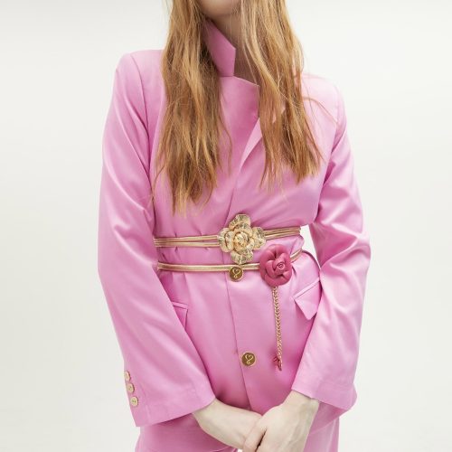 Stretch Metal Belt with Faux Leather Pink Flowers