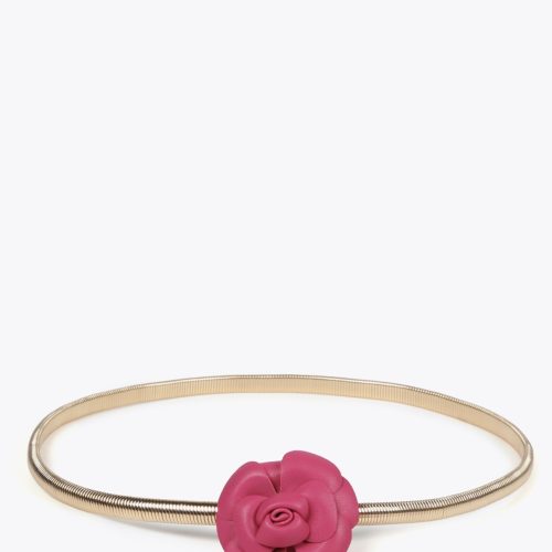 Stretch Metal Belt with Faux Leather Pink Flowers