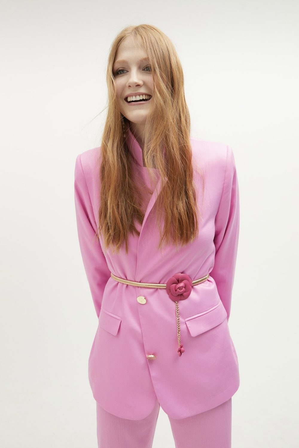 Stretch Metal Belt with Faux Leather Pink Flowers