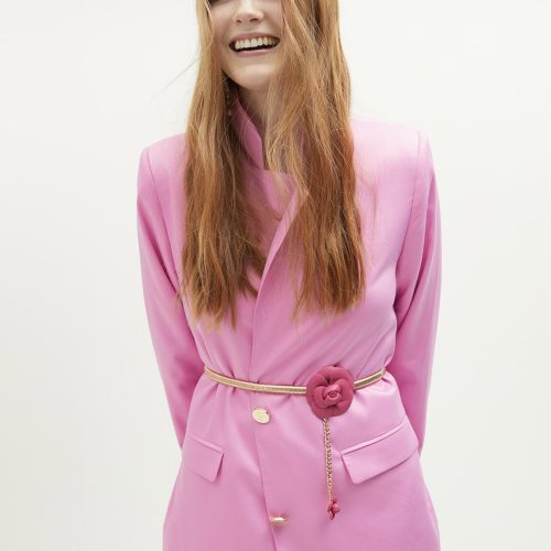 Stretch Metal Belt with Faux Leather Pink Flowers