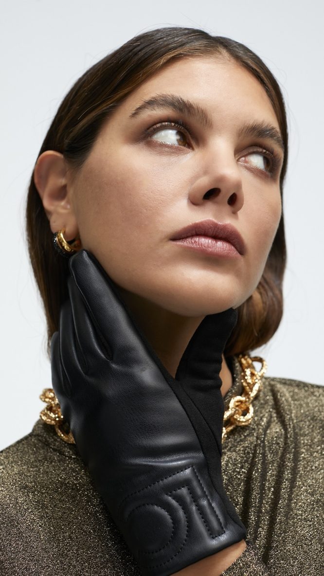 Faux Leather Black Gloves with Logo